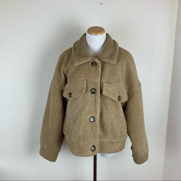Zara Blogger Favorite Teddy Shearling Jacket Coat Tan Size M - Picture 3 of 12